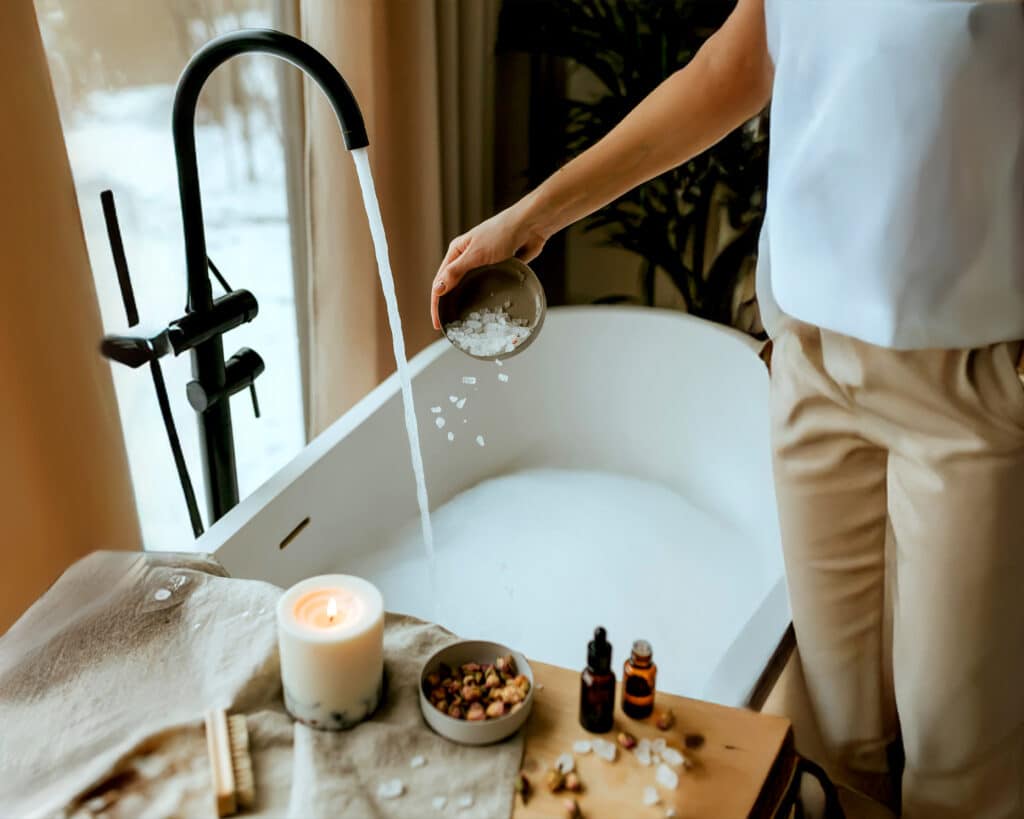 Badewann in die das Badewasser gerade eingelassen wird. Ein Mann streut Badesalz in die Badewanne.
